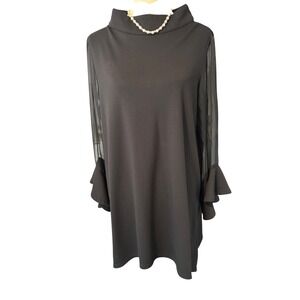 Ador Black Mock Neck Shift Dress Sheer Mesh Bell Sleeve Size L Special Occasion